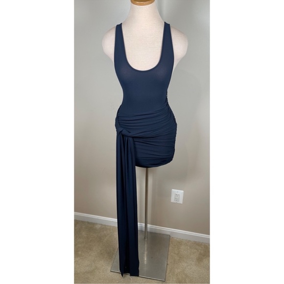 Alex Perry Scoop Wrap Draped Tie Mini Dress in Navy Blue Crepe Jersey Size 4 - Picture 5 of 12